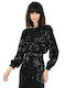 Damen Crop Top Langarm Schwarz