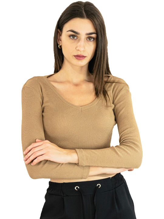 Huxley & Grace Women's Crop Top Long Sleeve with V Neckline Beige