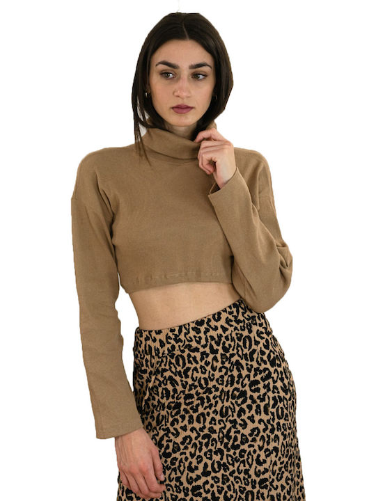 Huxley & Grace Women's Crop Top Turtleneck Long Sleeve Beige