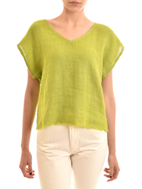 Lotus Eaters Blouse-lime Bluza de Damă de Vară din In Mâneci scurte Verde