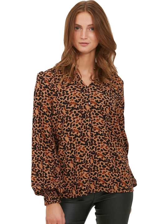 Women's Long Sleeve Blouse with V-Neck Animal Print Tobacco Brown Mix