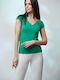 Women's Summer Blouse Short Sleeve with V Neckline Green