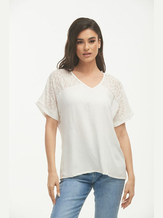 Boutique Damen Sommerliche Bluse Kurzärmelig mit V-Ausschnitt Weiß