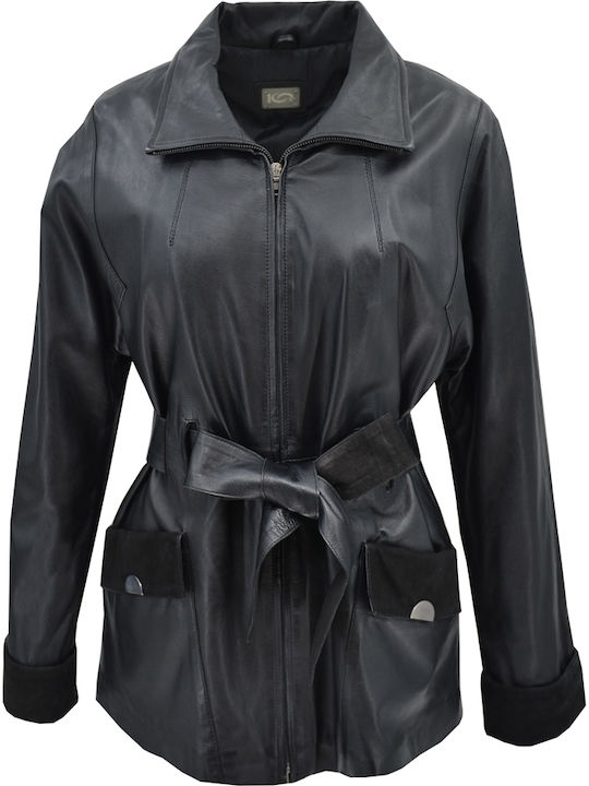 Δερμάτινα 100 Women's Long Lifestyle Leather Jacket for Winter Black