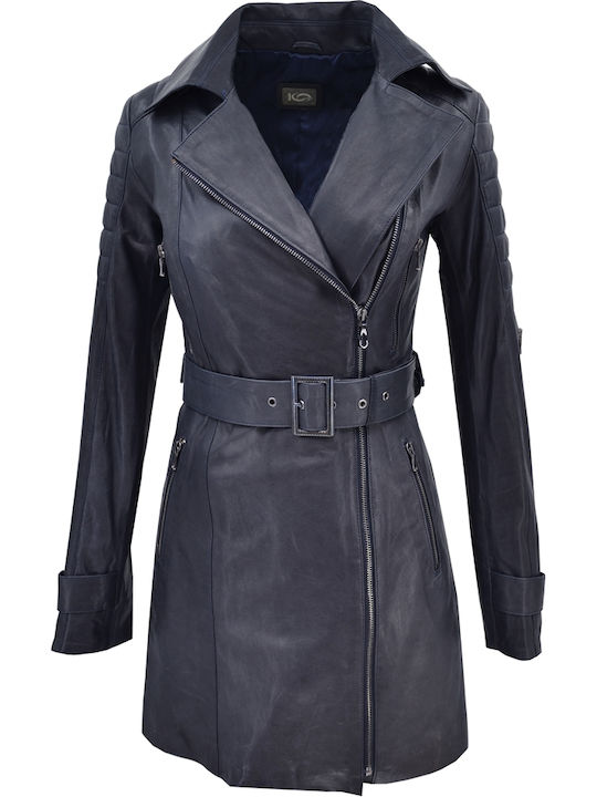 Δερμάτινα 100 Women's Long Lifestyle Leather Jacket for Winter Navy Blue