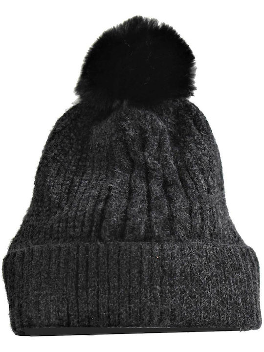 Pom Pom Beanie Beanie with Rib Knit in Black color