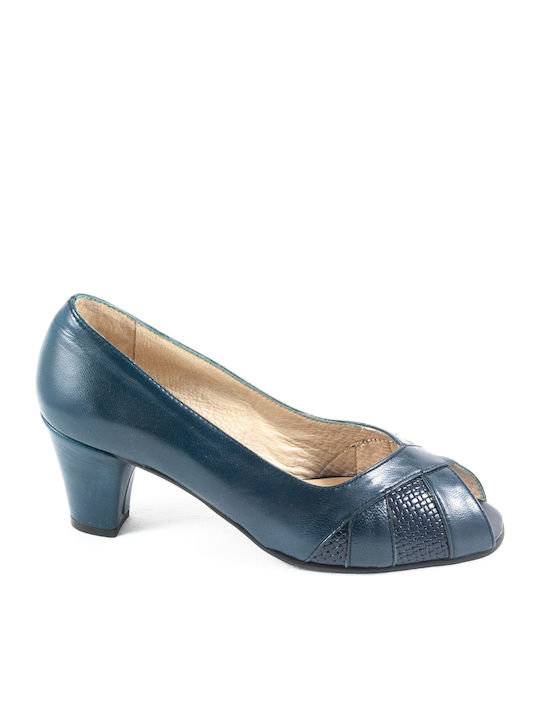 Milaneza Leather Peep Toe Blue Low Heels