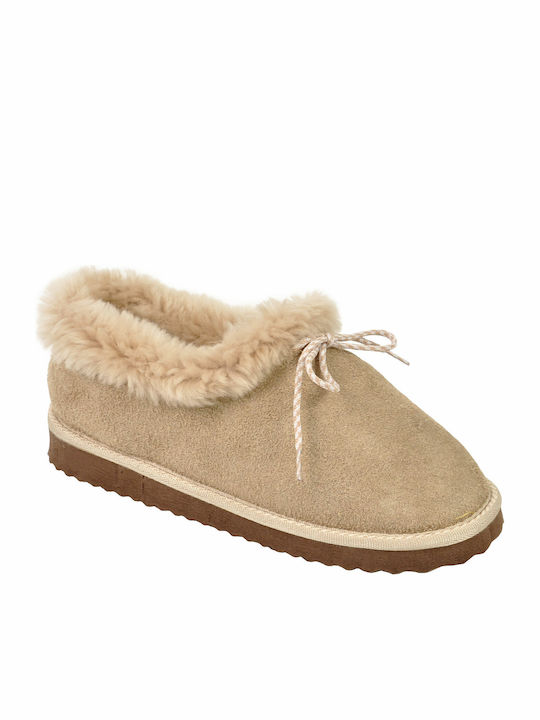 MRDline Closed Leather Women's Slippers in Beige color