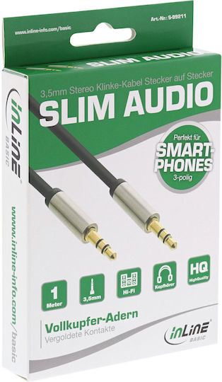 InLine Audio Cable 3.5mm Male - 3.5mm Male Black 1m with Gold Plated Terminals