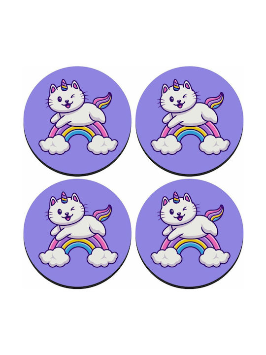 Koupakoupa Cute Cat Unicorn Rotund Suporturi pentru pahare Lemn Violet 4buc