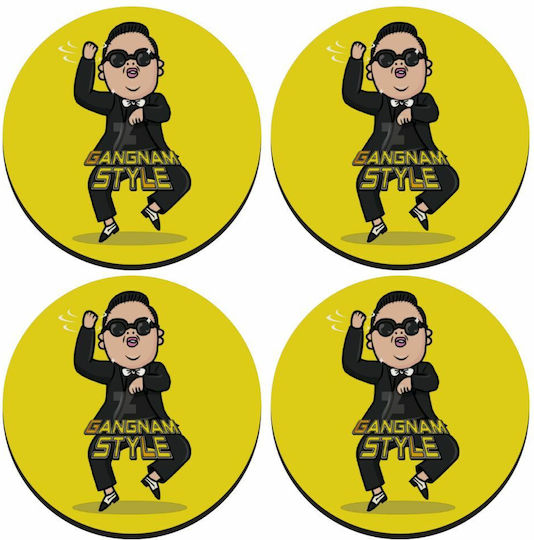 Koupakoupa Psy Gangnam Style Σουβέρ Στρογγυλό Ξύλινο Κίτρινο 4τμχ
