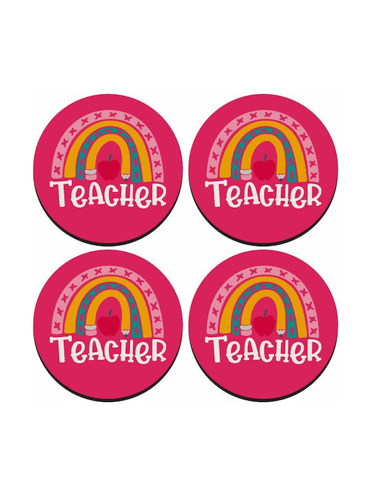 Round Wooden Pink Coasters Rainbow Teacher 4pcs