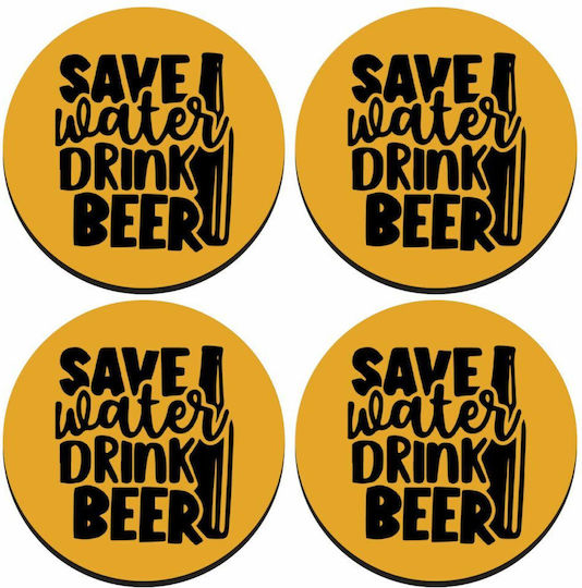 Koupakoupa Save Water Drink Beer Σουβέρ Στρογγυλό Ξύλινο Κίτρινο 4τμχ