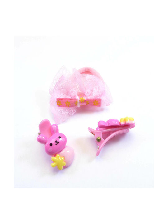 Kids Hair Clips Set with Rubber Band / Hair Clip Multicolour in Pink Color 3pcs