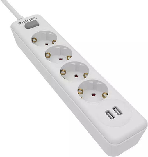 Philips Power Strip 4 Positions with 2 USB-A, Switch and Cable 2m