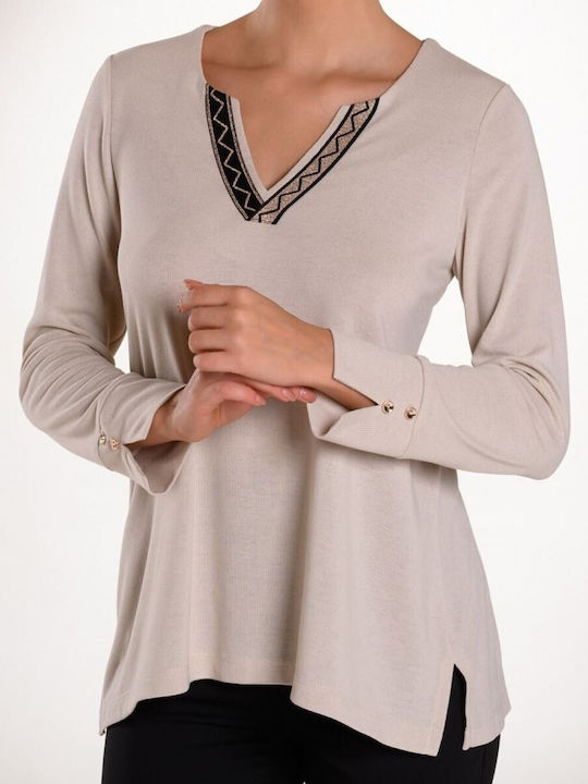 Derpouli Damen Langarm Pullover mit V-Ausschnitt vanilla