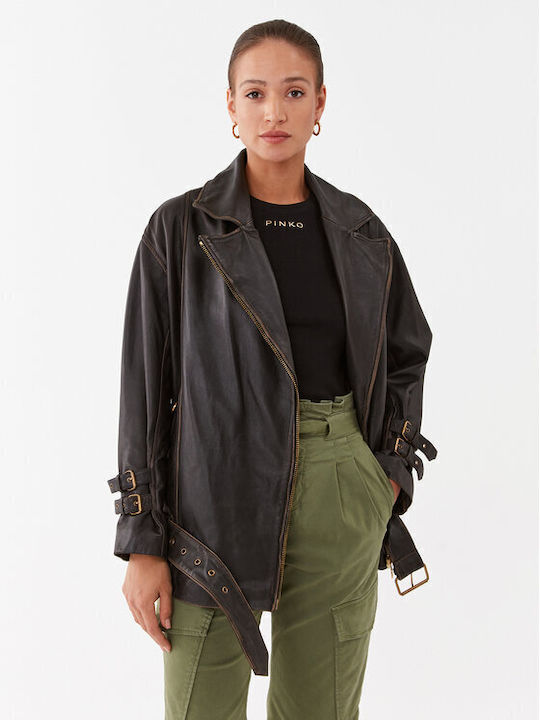 Pinko Women's Short Lifestyle Leather Jacket for Winter Black