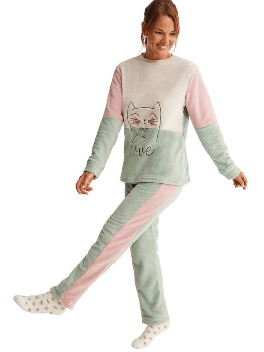 Promise Winter Damen Pyjama-Set Vlies Green Pastel