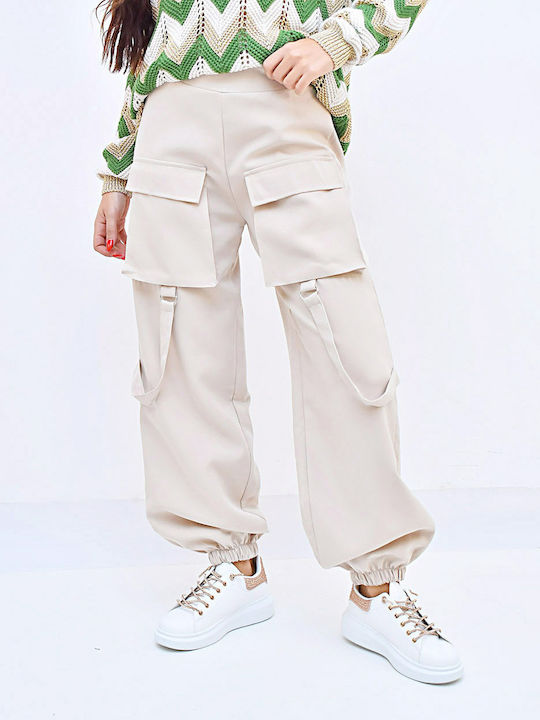 Beltipo Women's Fabric Cargo Trousers with Elastic Beige