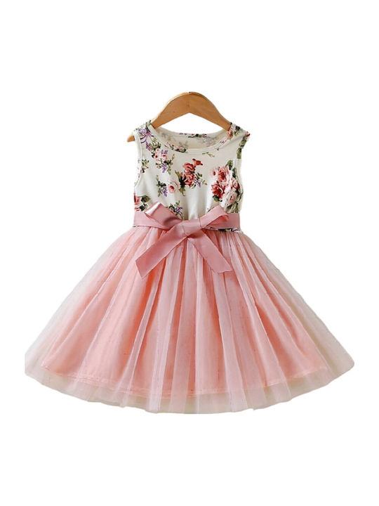 Rochie pentru Copii Fără mâneci Din tul Floral Set cu Accesorii Pink