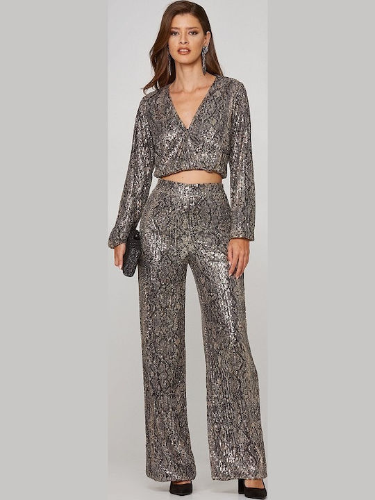 Damen Hoch tailliert Stoff Hose mit Gummizug Schwarz mit Pailletten