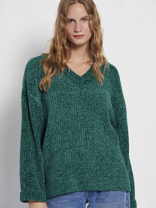 Funky Buddha Women's Long Sleeve Sweater with V Neckline Green