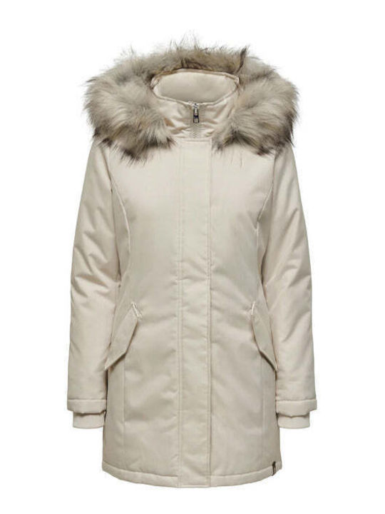 Only Women's Long Puffer Jacket for Winter Beige