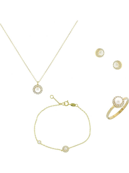 Art d or Set with Necklace , Earrings & Ring from Gold 9K with Stones and Pearls
