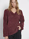 Funky Buddha Women's Long Sleeve Sweater with V Neckline Burgundy