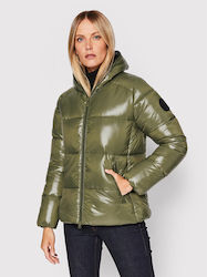 Save The Duck Women's Short Puffer Jacket for Winter with Hood Πράσινο.