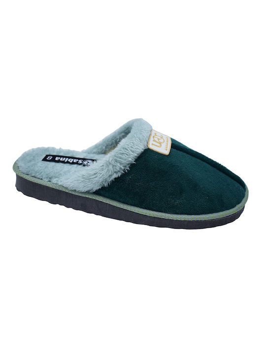 Soulis Shoes Winter Women's Slippers with fur in Green color