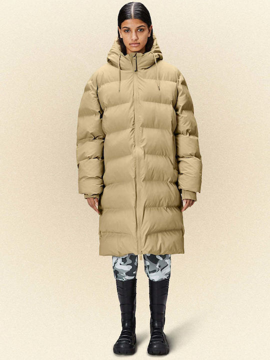 Rains Lang Damen Puffer Jacke für Winter Μπεζ