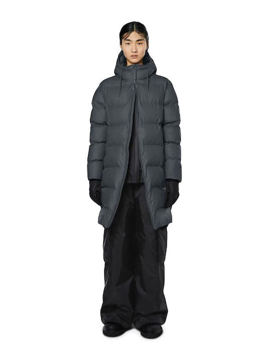 Rains Women's Long Puffer Jacket Waterproof and Windproof for Winter Slate