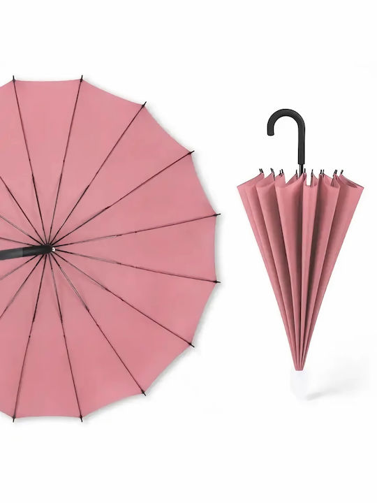 Αντιανεμική Αυτόματη Ομπρέλα Βροχής με Μπαστούνι Ροζ