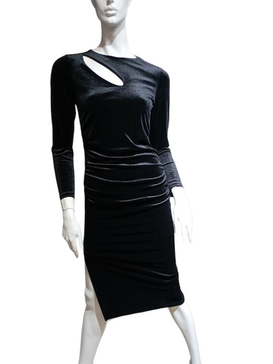 Kalliope Midi Evening Dress Velvet with Slit Black