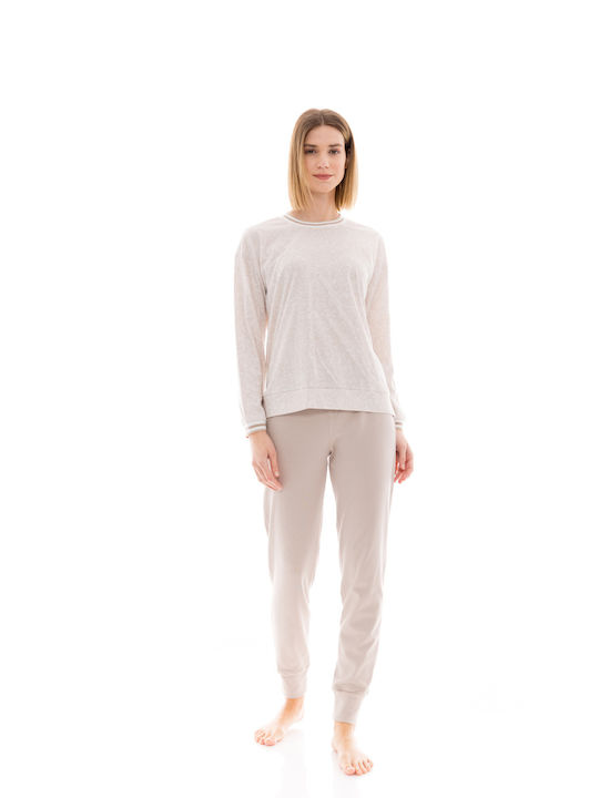 Pink Label Winter Damen Pyjama-Set Baumwolle Beige