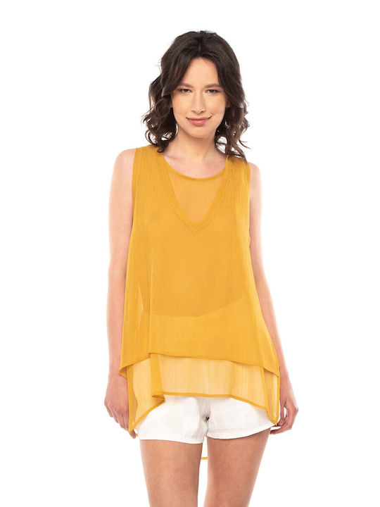 E-shopping Avenue Damen Sommerliche Bluse Leinen Ärmellos Yellow