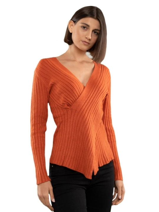 E-shopping Avenue Women's Blouse Long Sleeve with V Neckline Orange