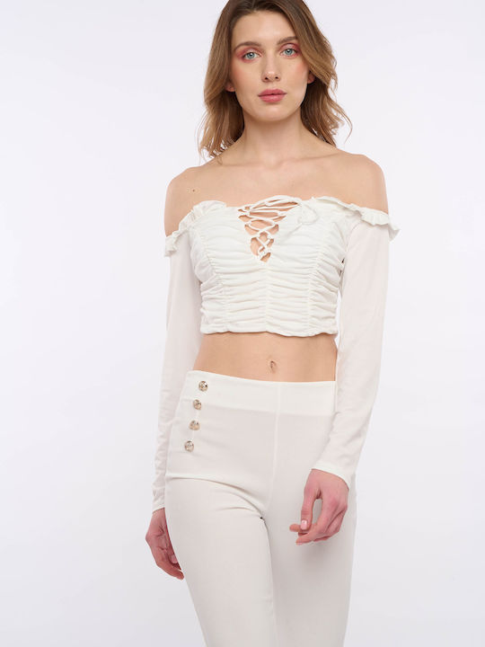 E-shopping Avenue Damen Crop Top Langärmelig Weiß