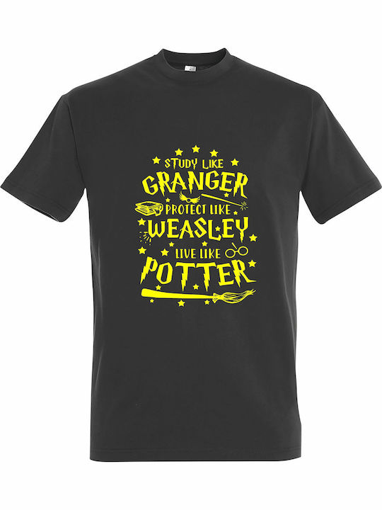T-shirt Unisex " Lernen wie Granger Beschützen wie Weasley Leben wie Harry Potter " Dunkelgrau