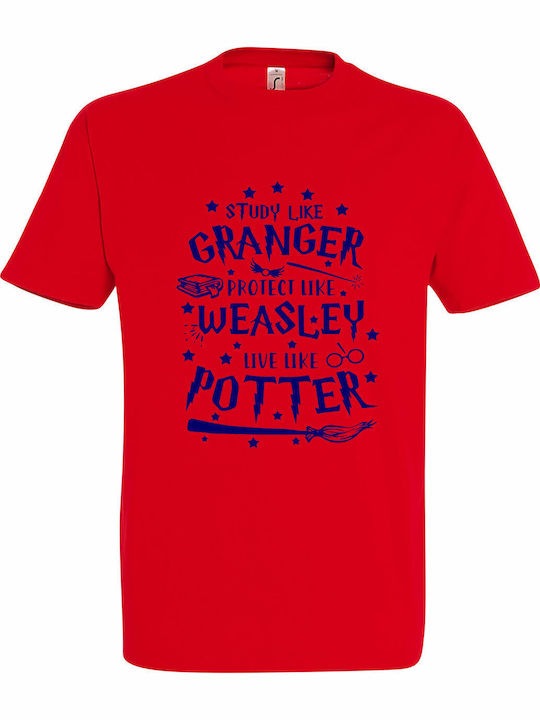 Tricou Unisex " Studiu ca Granger Protejați ca Weasley Trăiți ca Harry Potter " Roșu