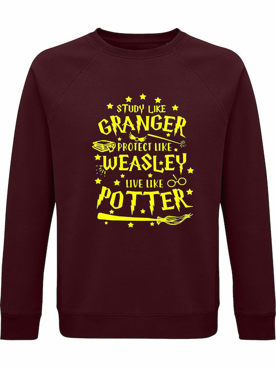 Sweatshirt Unisex Organic " Study Like Granger Protect Like Weasley Live Like Harry Potter " Burgundy