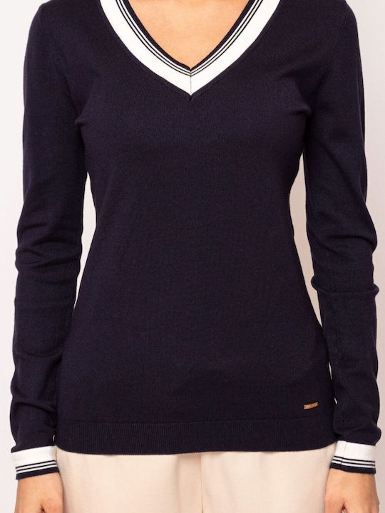 Heavy Tools Women's Long Sleeve Sweater with V Neckline Navy Blue