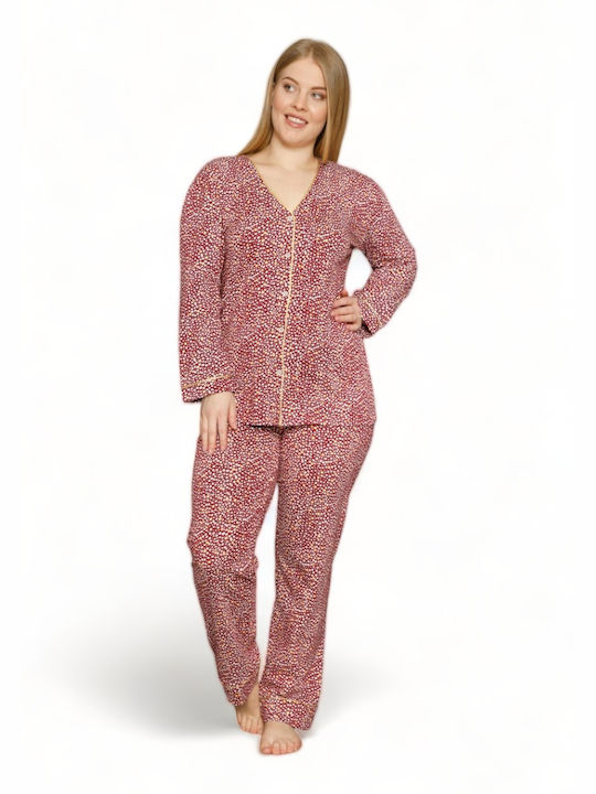 Siyah Inci Winter Women's Pyjama Set Cotton Dark Red Plus Size