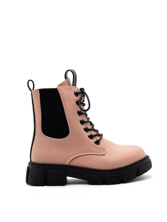 TOYITI Kids Leather Military Boots with Lace Pink