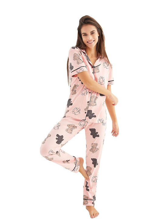 Siyah Inci De vară Set Pijamale pentru Femei De bumbac Pink