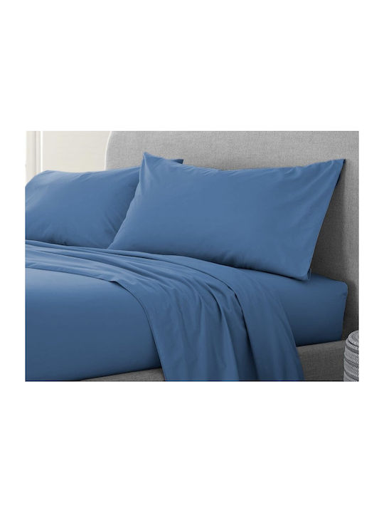 One Color Σετ Σεντόνια Υπέρδιπλα με Λάστιχο 160x200+30εκ. Ραφ Μπλε (4τμχ)