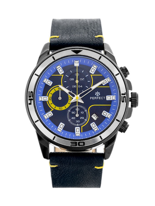 Perfect Herrenuhr 36mm Chronograph Batterie mit Schwarz Lederarmband