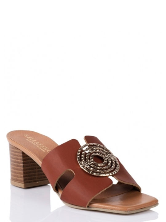 E-shopping Avenue Chunky Heel Leather Mules Brown