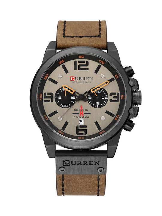 Curren 8314 Watch Chronograph Battery with Brown / Brown Leather Strap